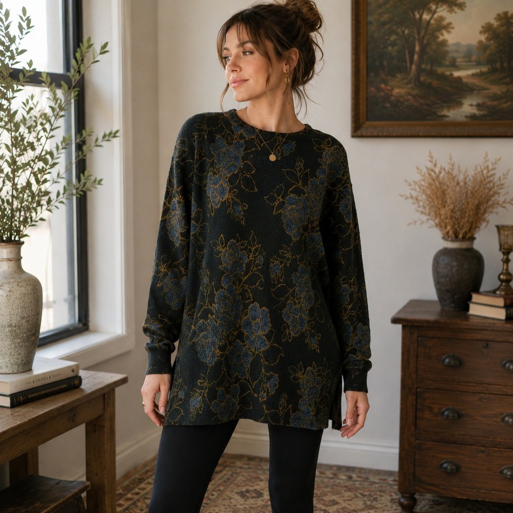 Vintage Loom Wear Floral Jacquard Tunic Sweater Gray Blue USA Made Women's Large